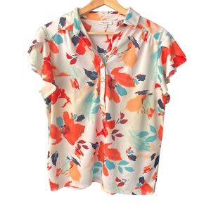 Chico's Women's Floral Print Blouse Flutter Short Sleeve Top Polo Size 2 Large